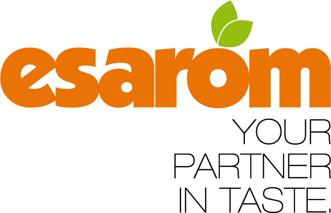 The image showcases the esarom logo, featuring "esarom" in bold, orange lowercase letters with a green leaf above the "m". Below, in smaller black uppercase letters, it reads “Your Partner in Taste,” highlighting its role in the food & beverages industry.